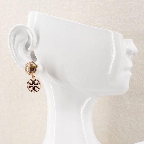 Tory Burch Hexagon Circle Logo Drop Earrings Rose Gold OS - Picture 6 of 12